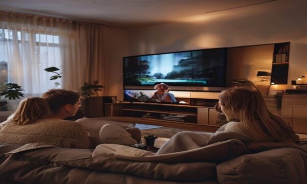 Suomalainen perhe katsoo IPTV-televisiota yhdessä kotona