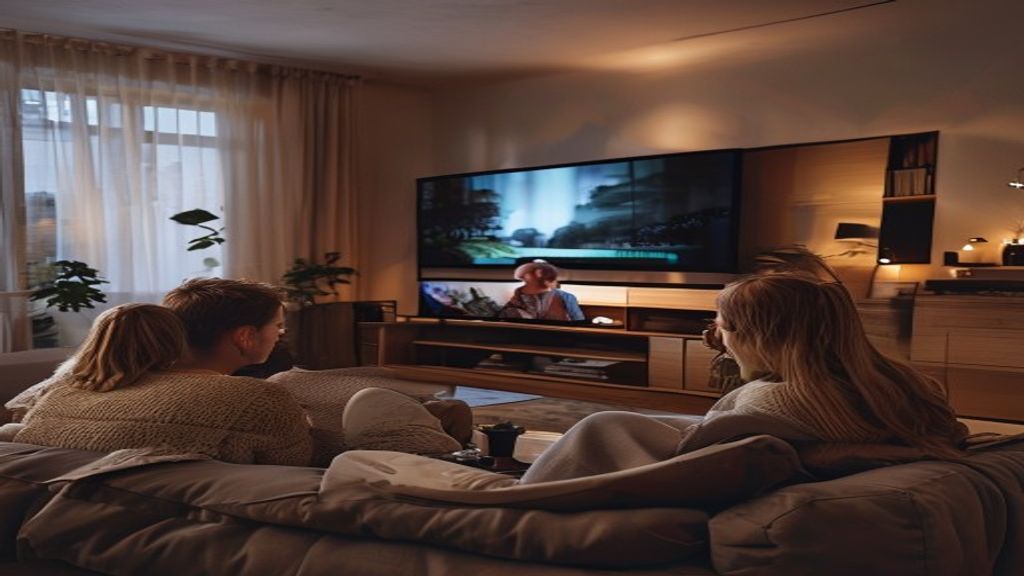 Paras IPTV Suomi — perhe katsoo televisiota tyytyväisenä modernissa kodissa