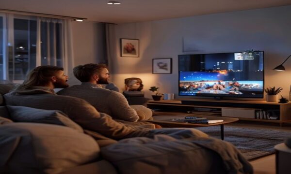 IPTV Nordic Suomi — suomalainen pariskunta katsoo IPTV Nordic -kanavia modernilla älytelevisolla