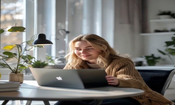 IPTV testi Suomi — nainen vertaa streaming-palveluita kannettavalla tietokoneella