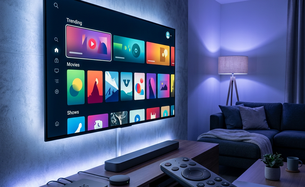 Sleek living room with smart television and streaming devices
