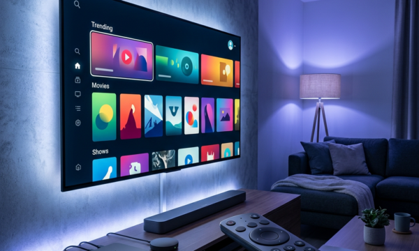 Sleek living room with smart television and streaming devices