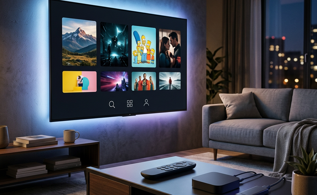 Backlit smart TV displaying a media library in a modern living room
