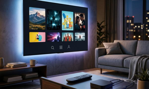 Backlit smart TV displaying a media library in a modern living room